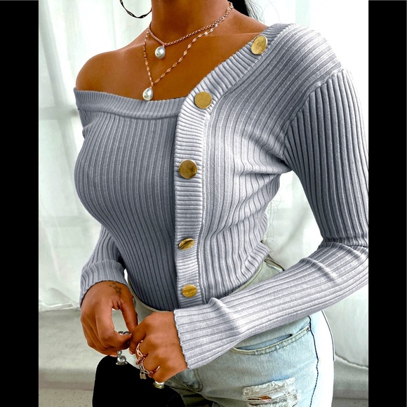 Grey Deep V Neck Buttons Up Design Off Shoulders Rib Knit Sweater - Picture 2 of 2